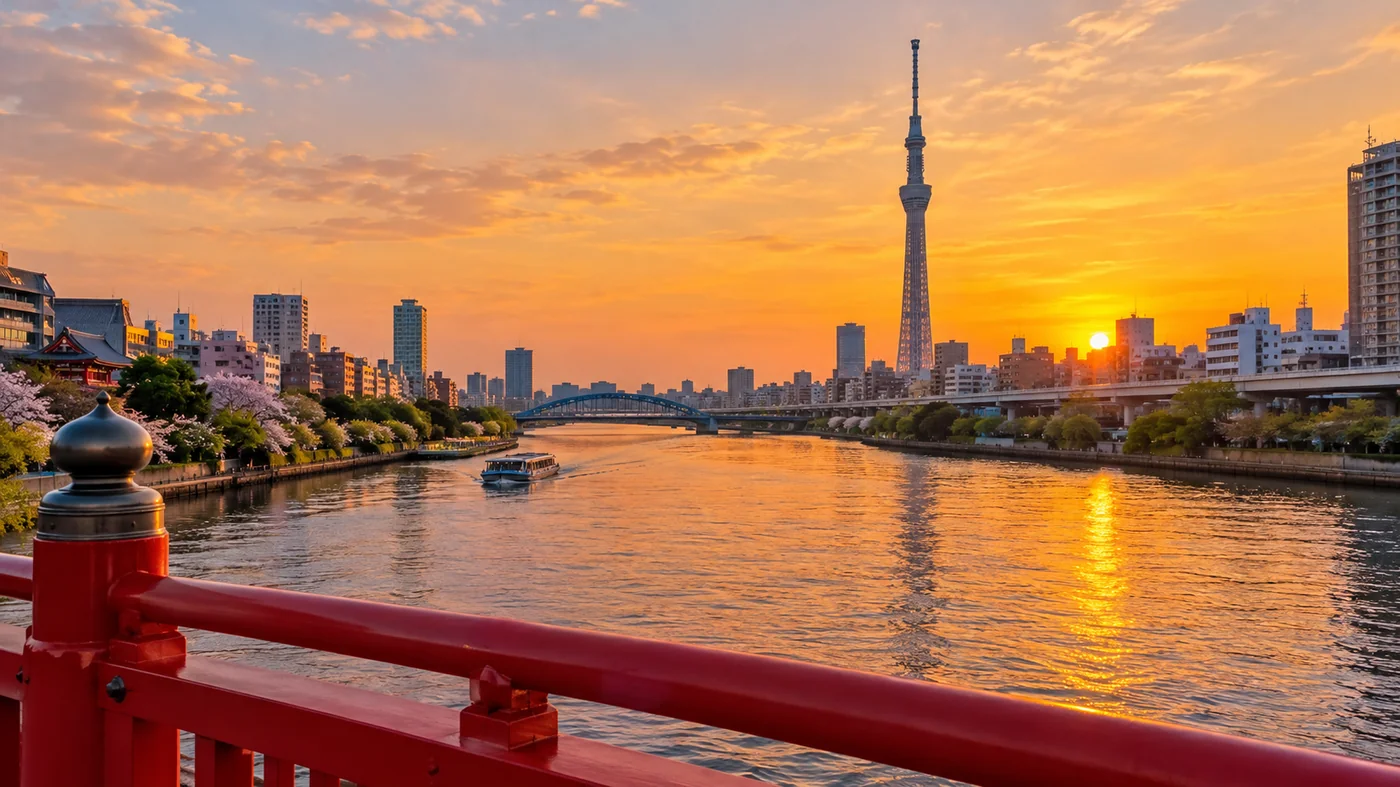 Illustration of the Sumida River at sunset with a water bus, an arched bridge and Tokyo Skytree on the skyline