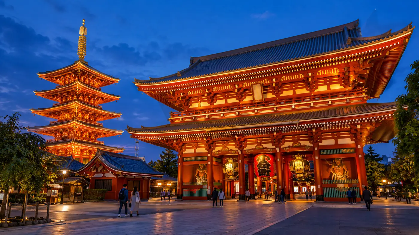 Illustration of the lit Hozomon gate and five-storey pagoda at blue hour, a few visitors crossing the stone square