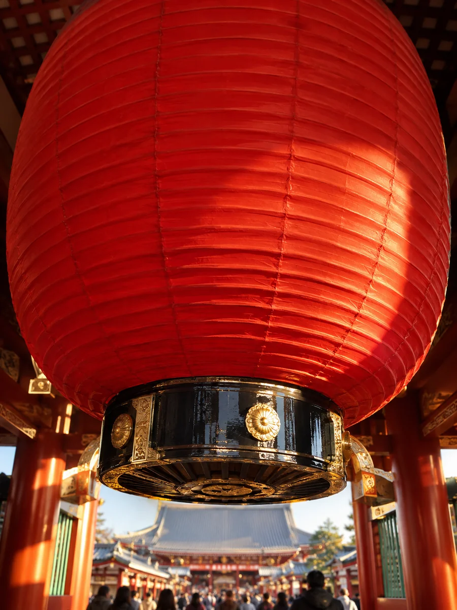 Illustration of a giant red paper lantern seen from below inside a temple gate, with the main hall roof behind