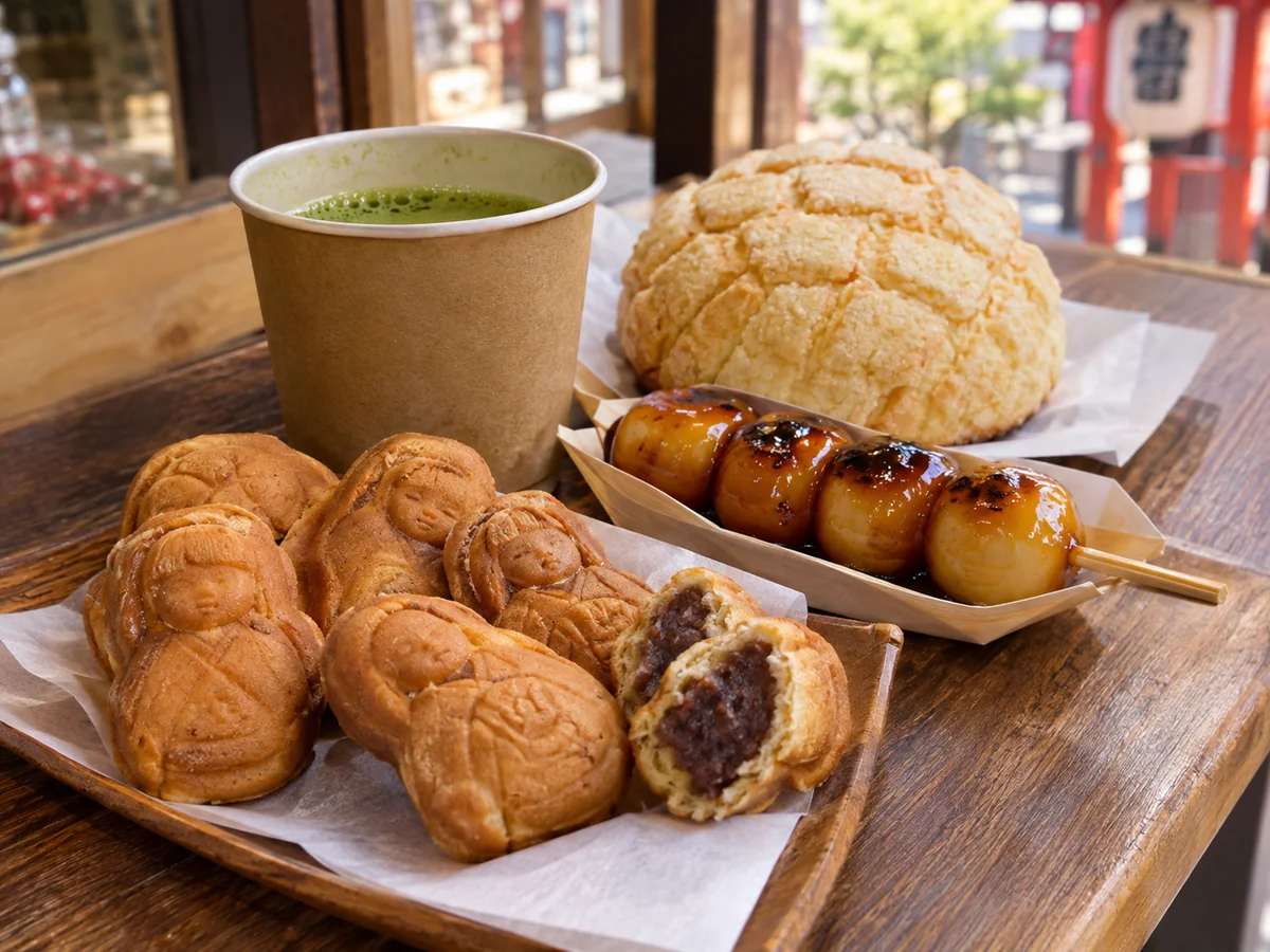 Illustration of a tray of doll-shaped ningyo-yaki cakes, one broken open to show red bean paste, with grilled dango, melon bread and a cup of matcha