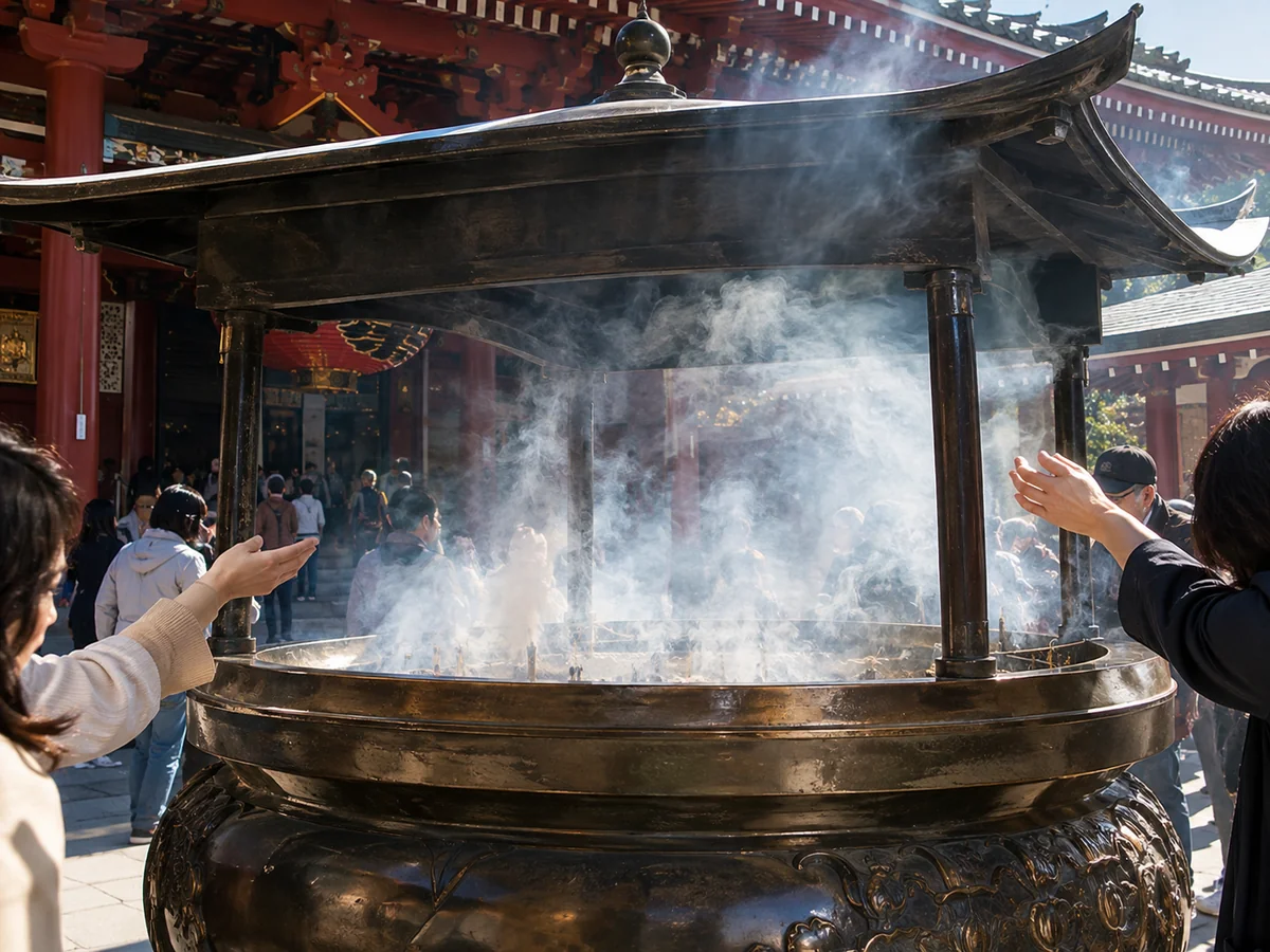 Illustration of visitors wafting smoke from a large bronze incense burner in front of a red temple hall