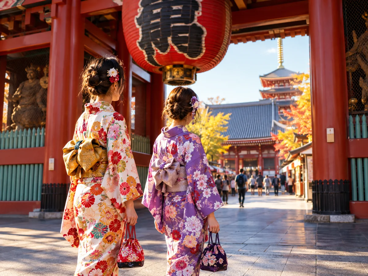 Illustration of two women in floral kimono under the Kaminarimon lantern, looking up Nakamise towards the main hall and pagoda