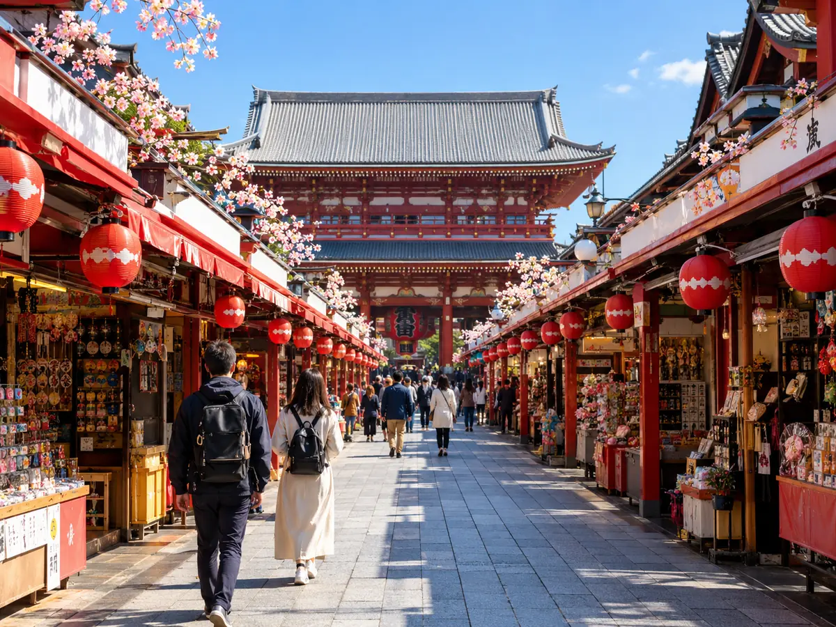 Illustration of Nakamise shopping street with red lanterns and cherry blossom, stalls on both sides and the Hozomon gate at the end