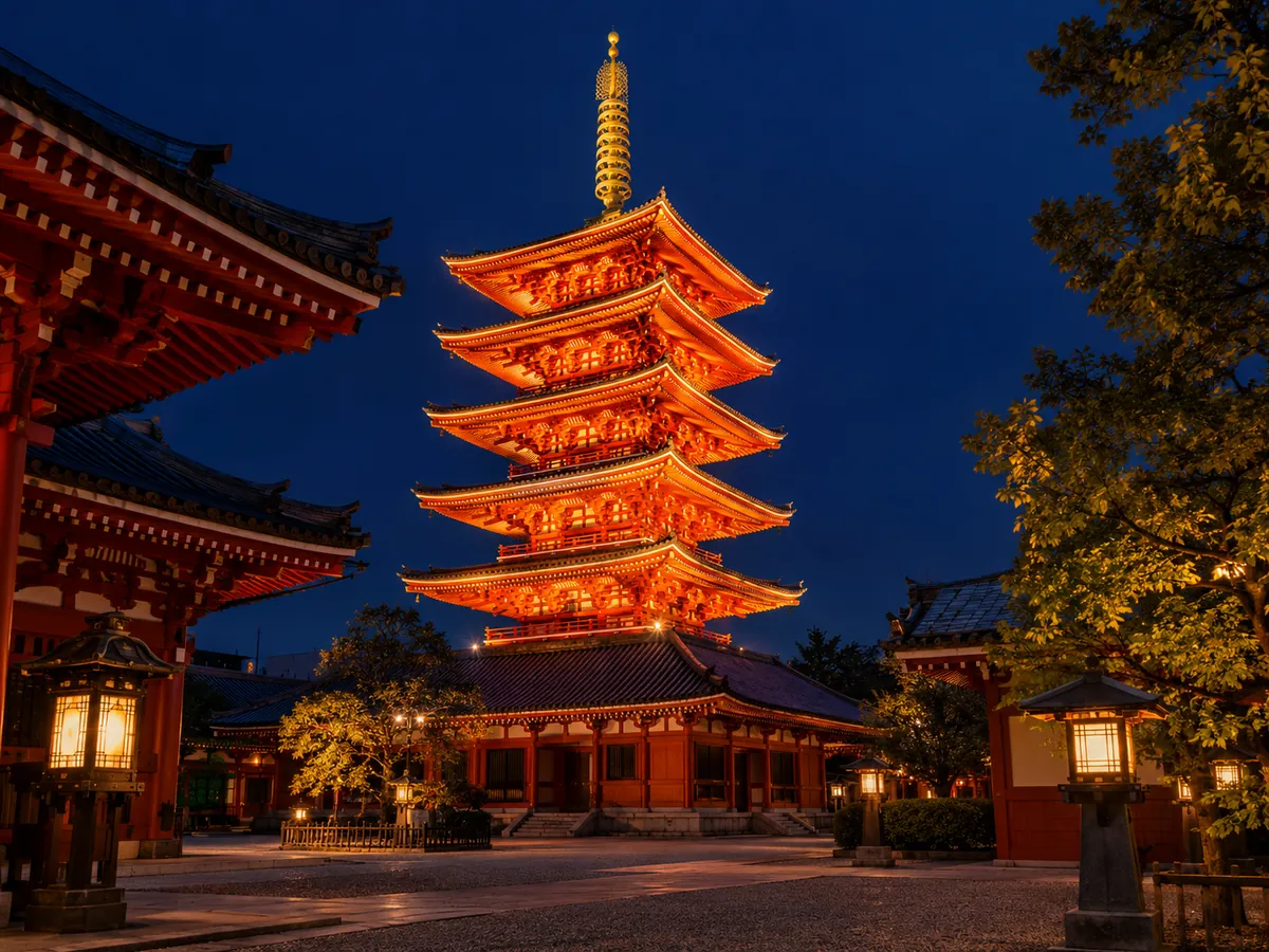Illustration of the five-storey pagoda at Senso-ji lit orange against a deep blue night sky, with stone lanterns in the foreground