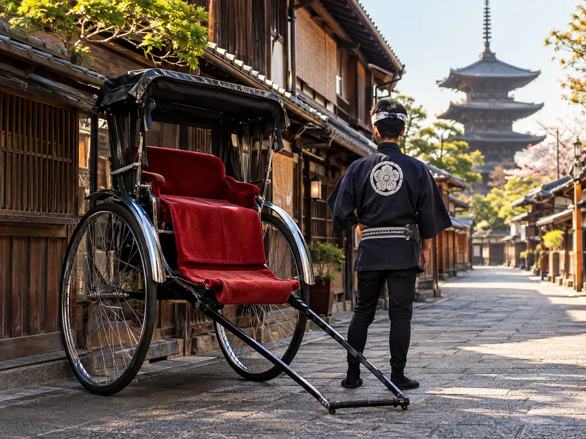 Illustration of a rickshaw with a red seat parked on a stone-paved lane of wooden houses, its puller in a dark happi coat and headband