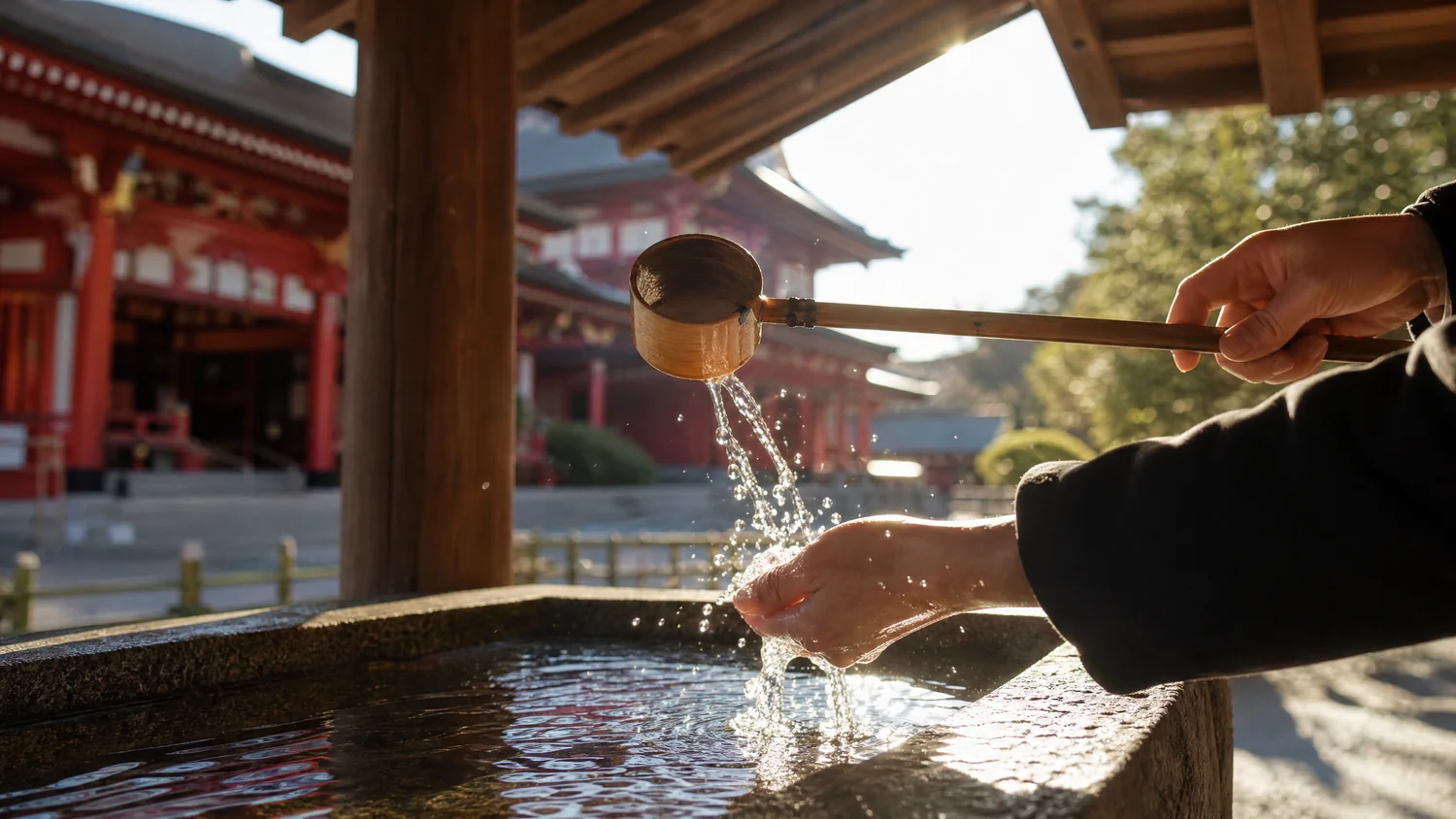 Illustration of a hand pouring water from a wooden ladle over the other hand at a stone water basin, a red temple hall in the background
